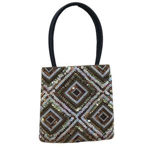 COMECO SEQUENCE NIGHT OUT HANDBAG GOLD BROWN PEARL WHITE